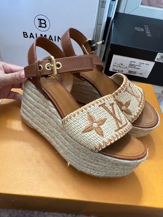 Louis Vuitton Shoes - Louis Vuitton Tan and Natural Woven Platform Wedges